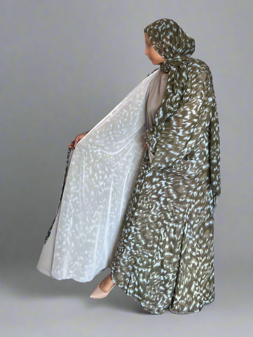 Print Double Chiffon Abaya in Khaki