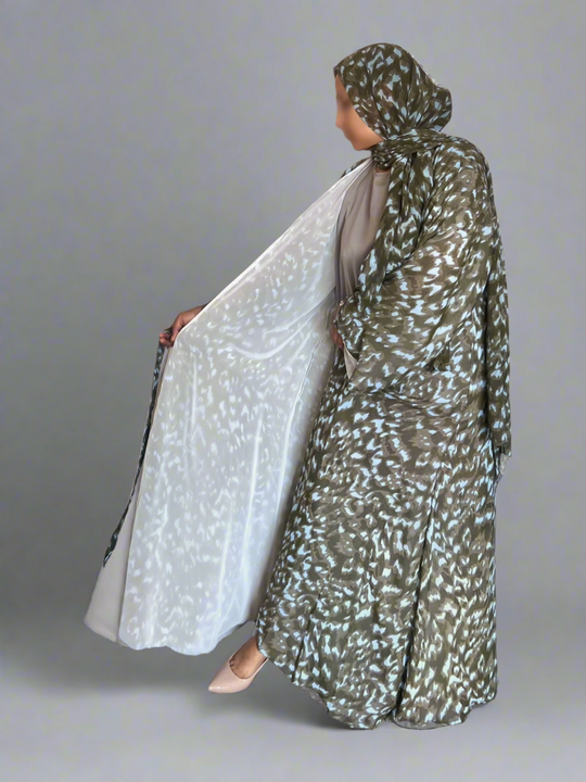 Print Double Chiffon Abaya in Khaki