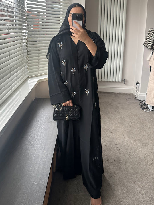 Pop up Flower Embellished Dubai Abaya Set in Black