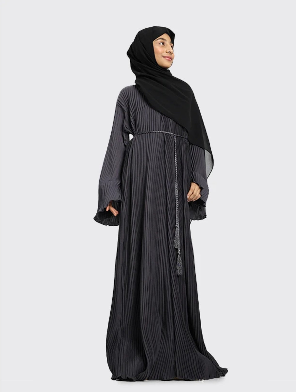 Pleated Girls Abaya with Rope - Grey