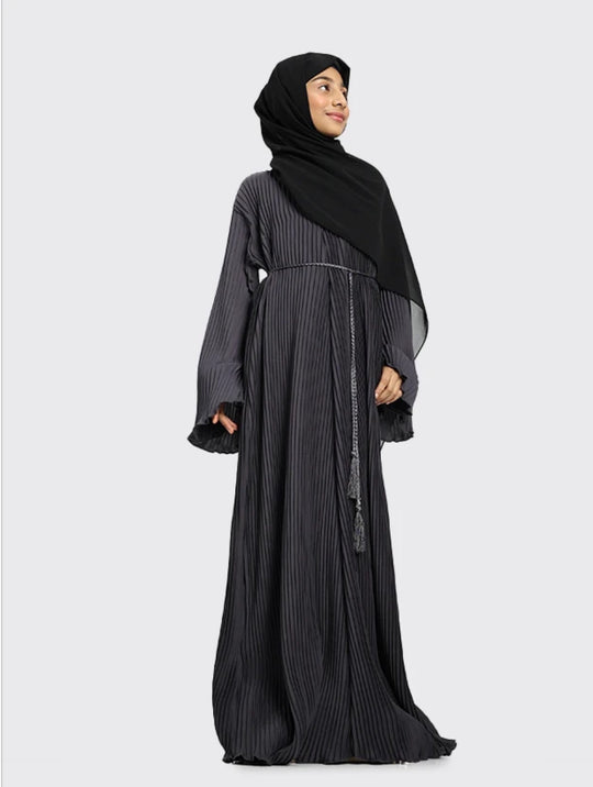 Pleated Girls Abaya with Rope - Grey