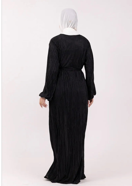 Plisse Abaya/ Dress with Belt in Black