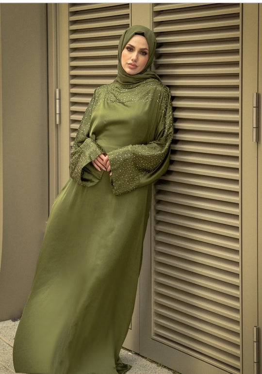 Luxurious Embellished kaftan Abaya Set in Olive