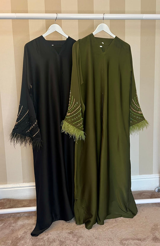 Beaded Satin Feather Abaya in Olive