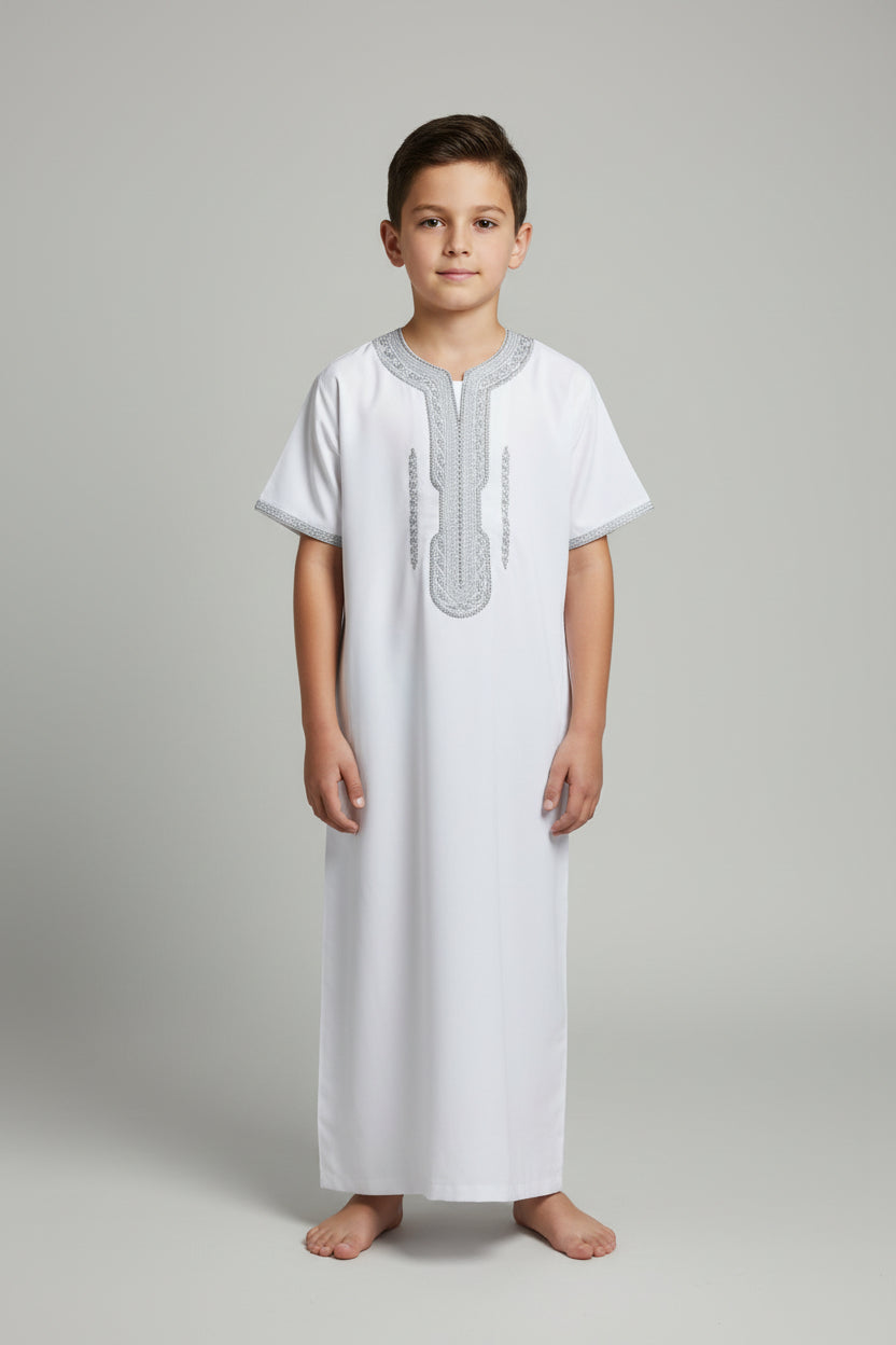 Boy’s Moroccan Thobe/Jubbah -white  with Silver