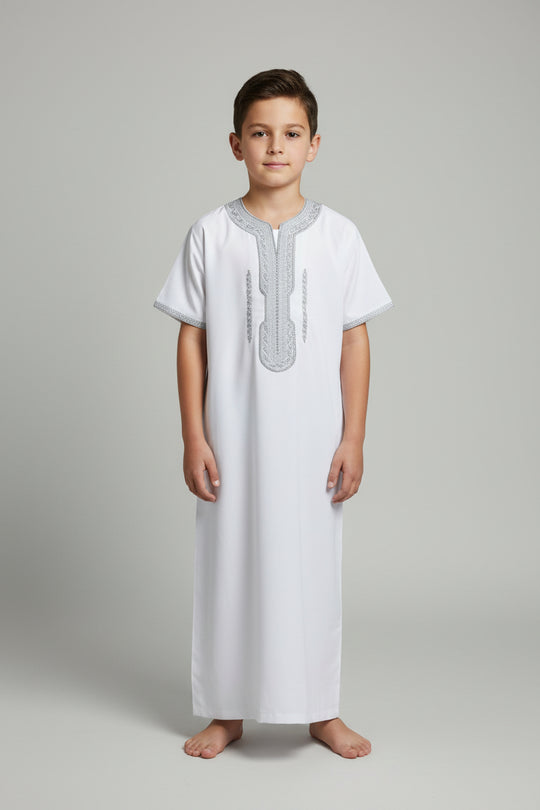 Boy’s Moroccan Thobe/Jubbah -white  with Silver