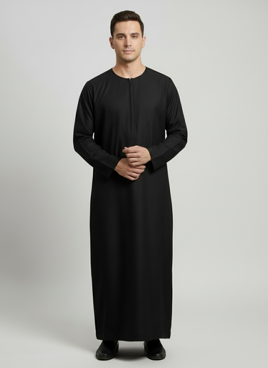 Cotton Rich Zip Thobe/ Jubba - Black