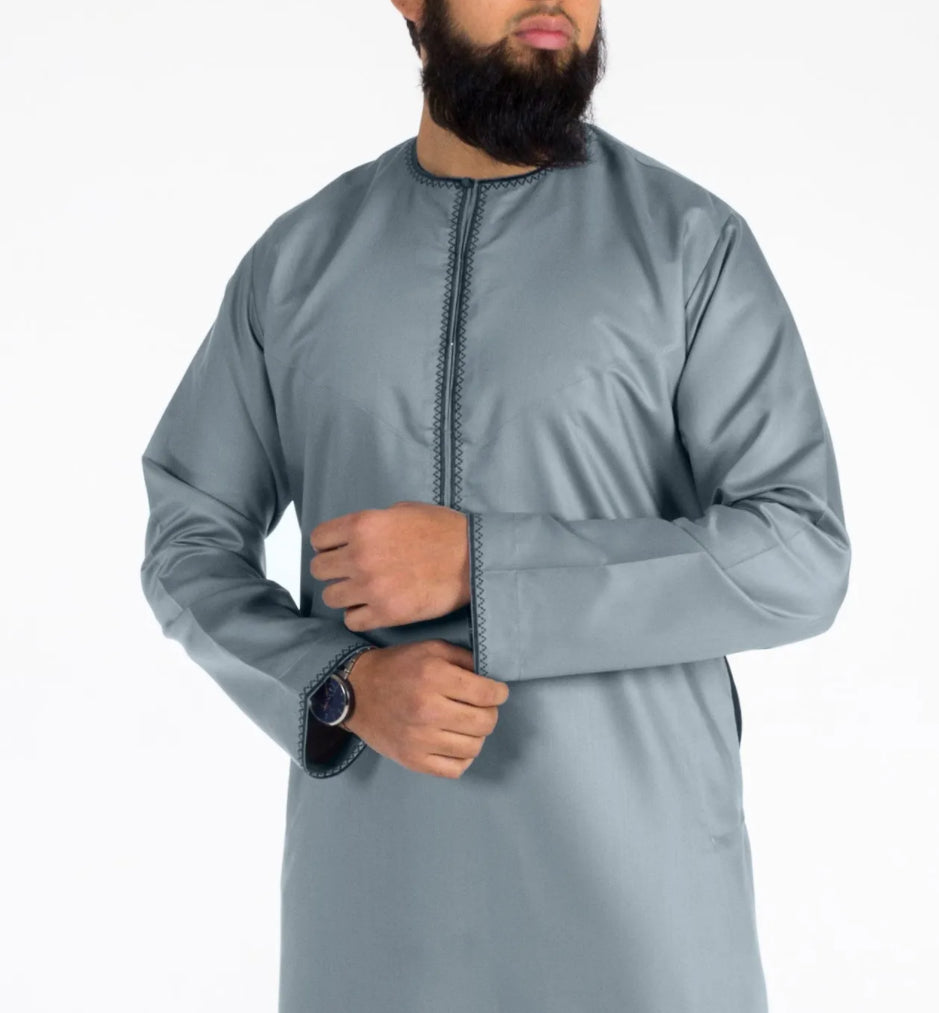 Embroidered Al Aniq Thobe/Jubbah - Grey Blue