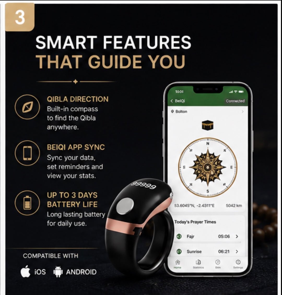 Smart Vibrating Zikr Ring  3 Size – Digital Tasbih Counter with Prayer Reminders & App