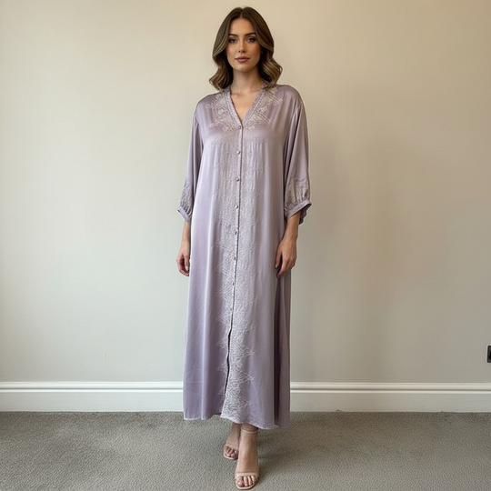 Embroidered Elegant Button down Midi Satin Dress