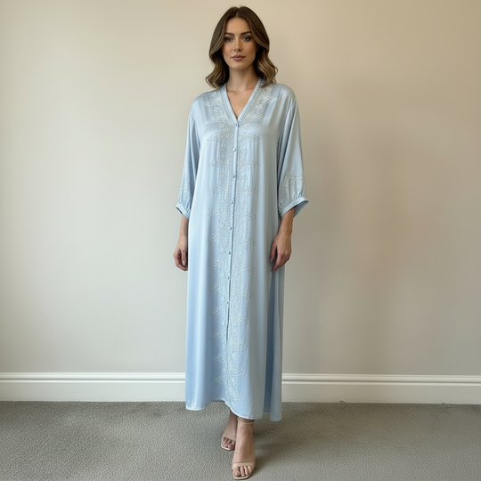 Embroidered Elegant Button down Midi Satin Dress