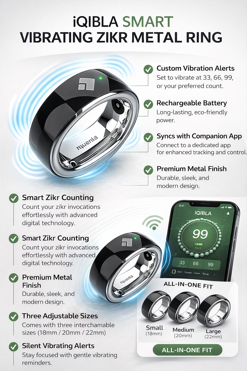 iQIBLA Smart Vibrating Zikr Metal Ring