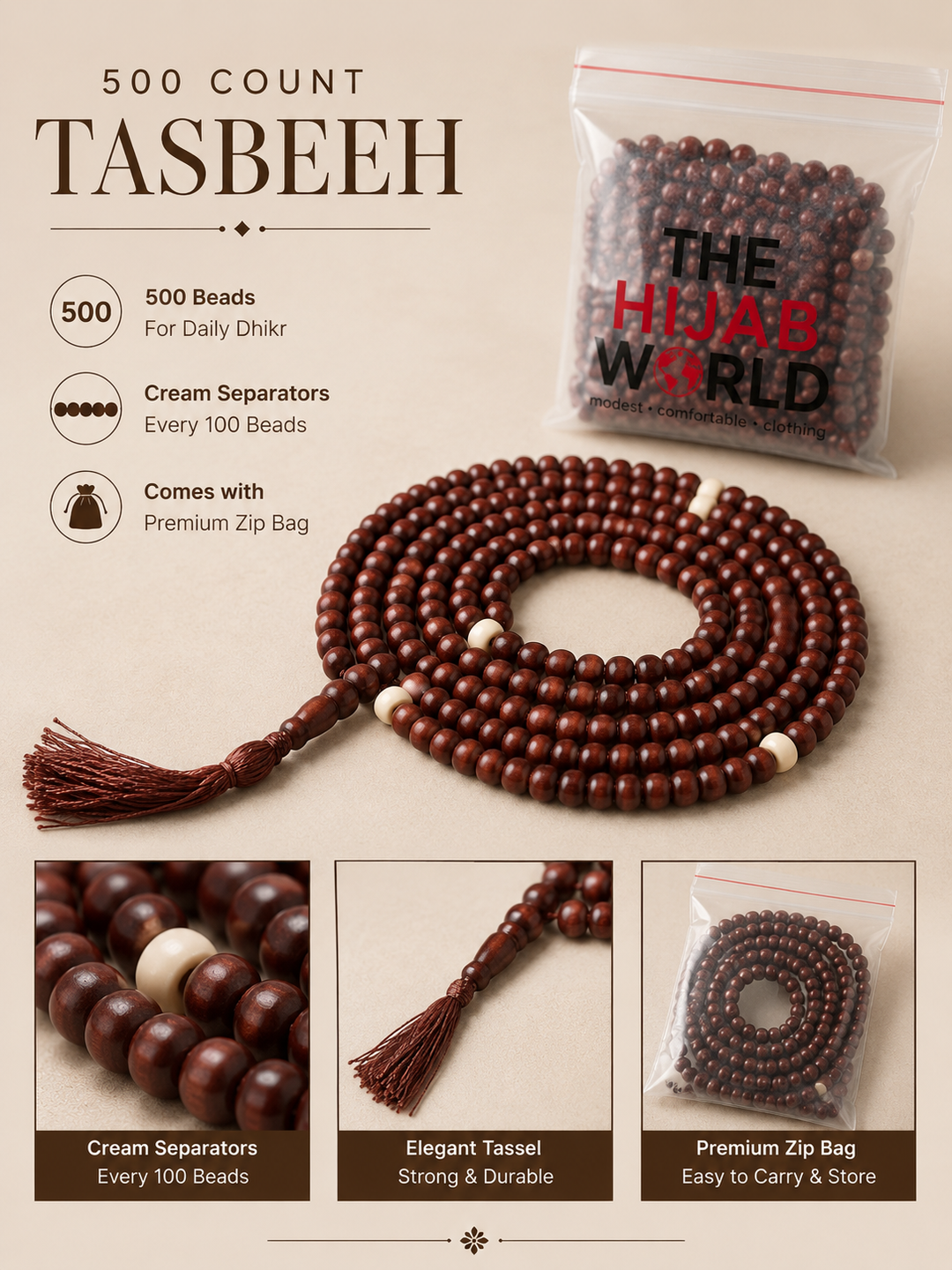 500 Count Wooden Tasbeeh – Mahogany with Cream Separators