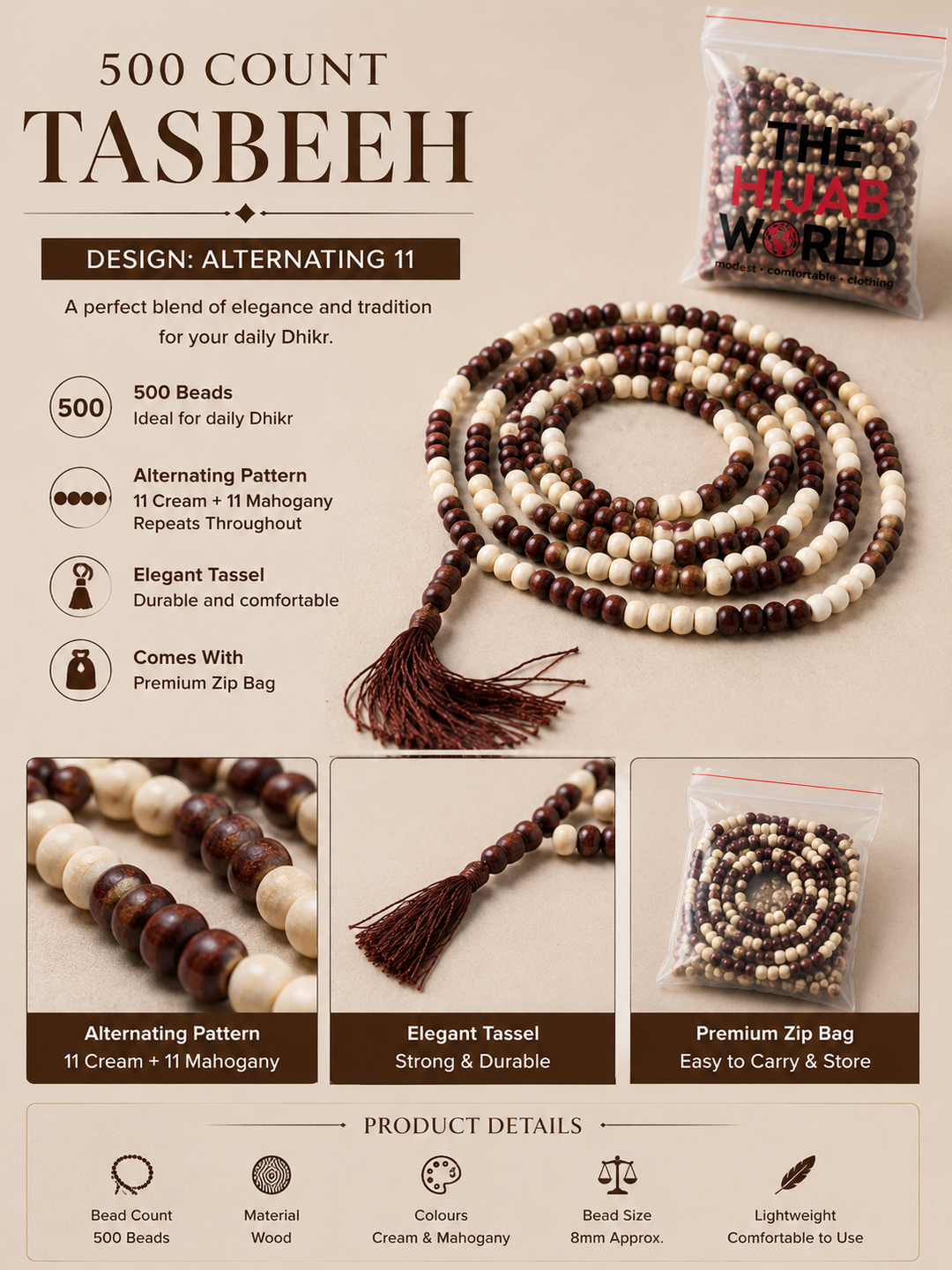 500 Count Wooden Tasbeeh – Mahogany with Cream Separators