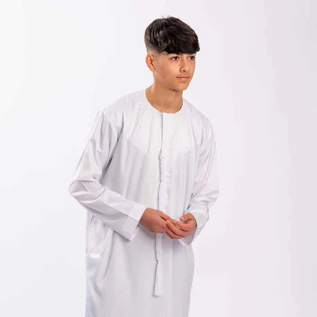 Boys Emirati Zip Thobe /Jubba with removable string - White smooth