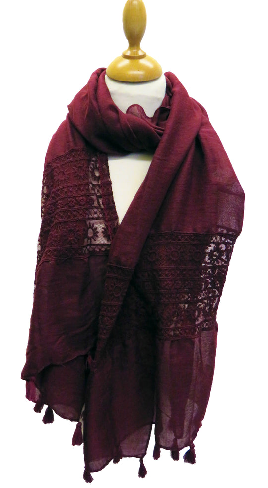 Lace and Tassel Hijab/Scarf- ES1019- Burgundy