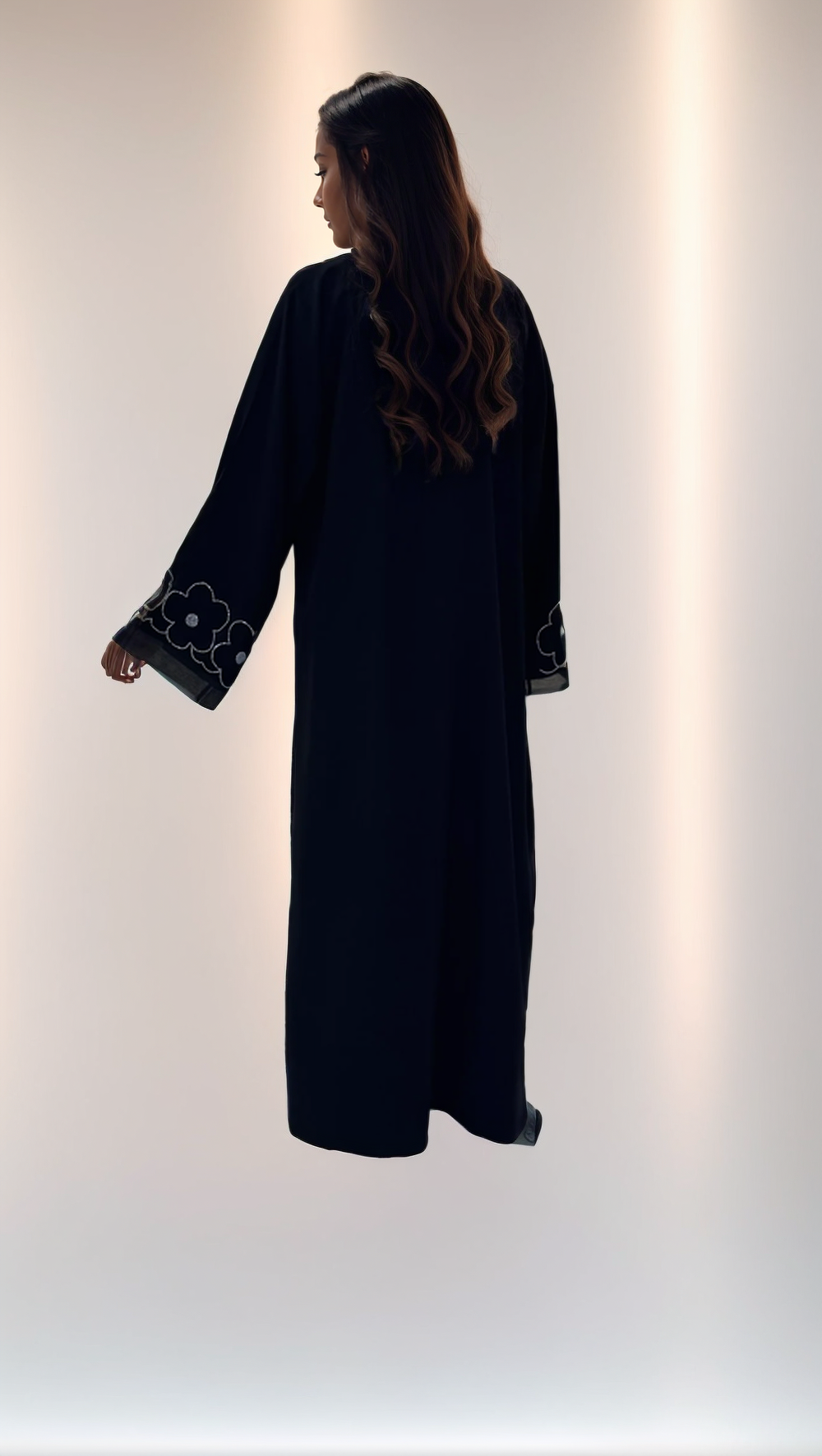 Beaded Flower Nida Abaya with front buttons in Black