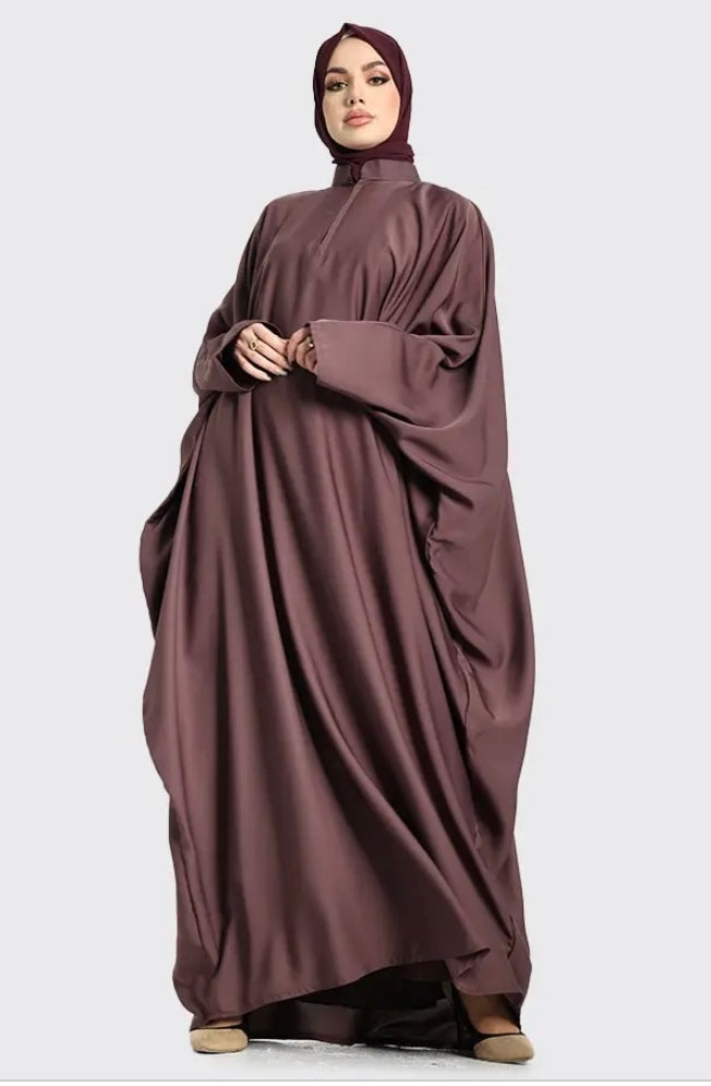 Batwing Nida Abaya with collar & zip - dusky mauve