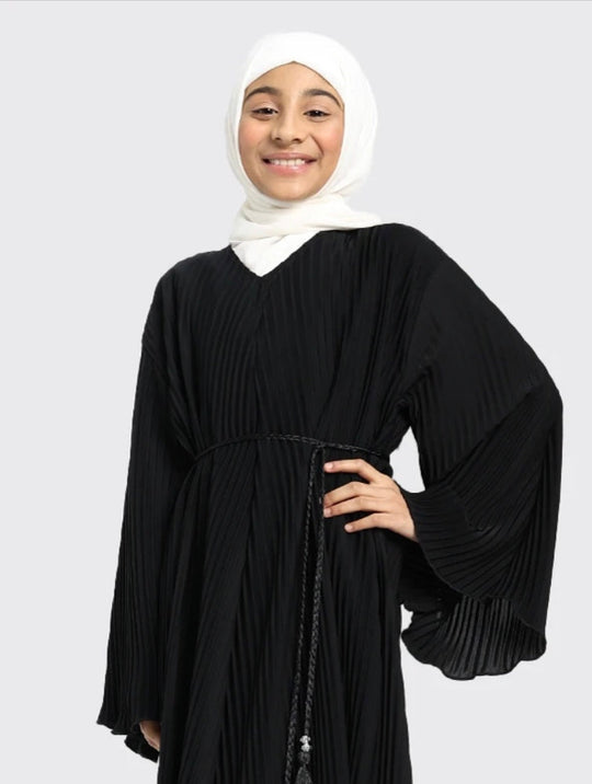 Pleated Girls Abaya with Rope - Black