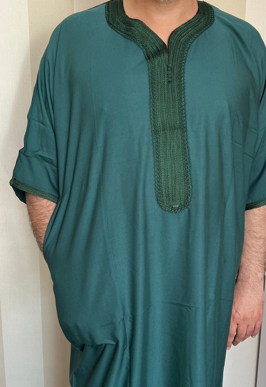Moroccan Half Sleeve cotton Thobe/ Jubbah - Green with Gold