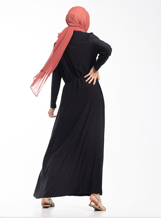 Mock Neck Gathered Jersey Abaya ZD- BLACK