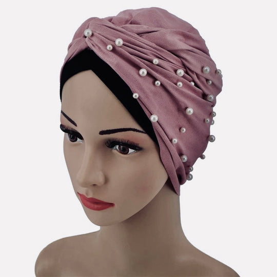 EASY TO WEAR BEADED SUEDE TURBAN/CHEMO HIJAB WRAP TK