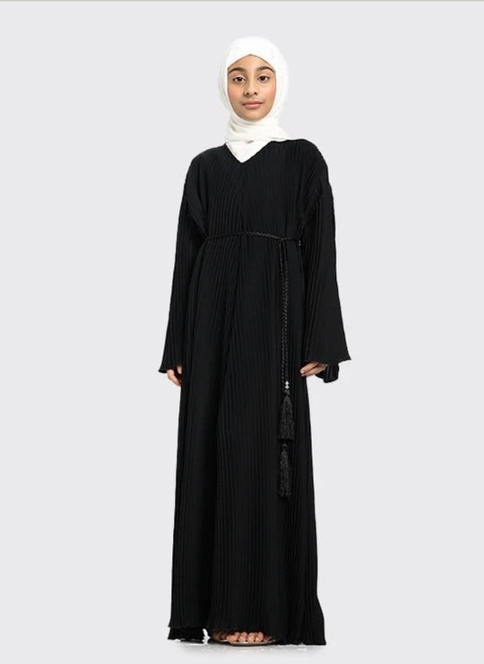 Pleated Girls Abaya with Rope - Black