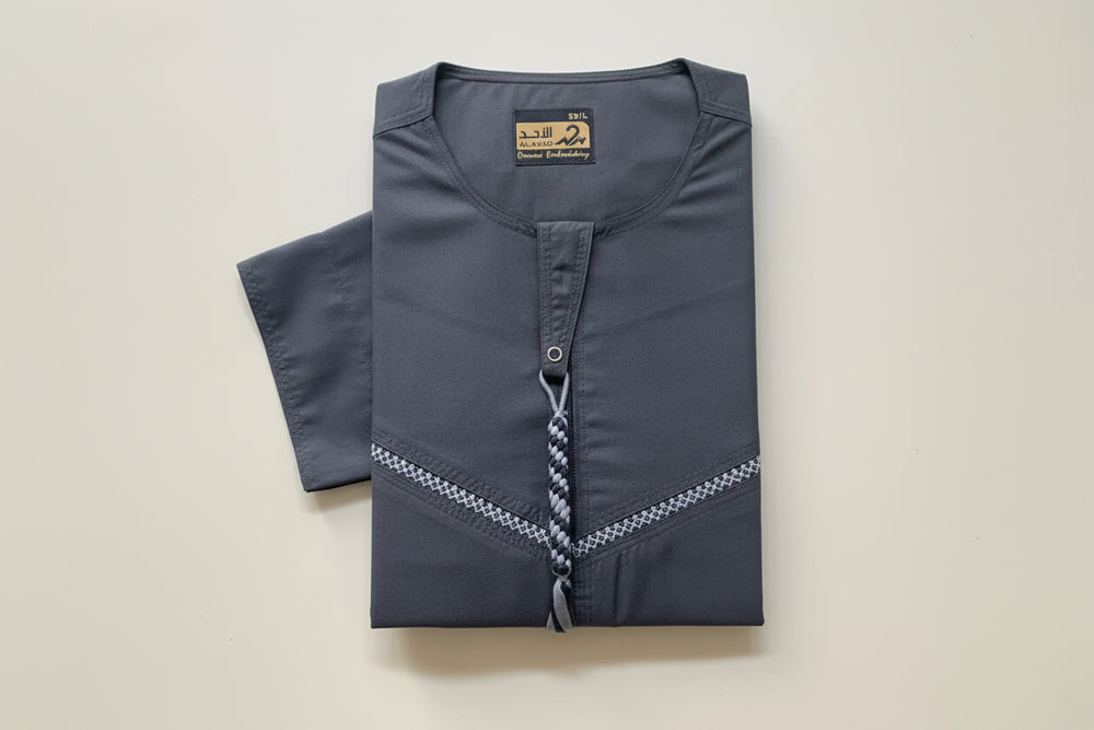 Omani Embroidered Zip Thobe - Charcoal Grey  by Al Ahad