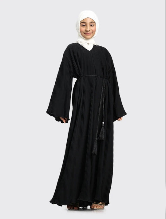 Pleated Girls Abaya with Rope - Black