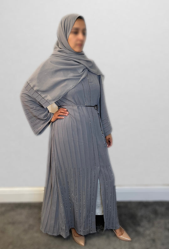 Diamanté Crinkle Abaya-TK-Grey 9