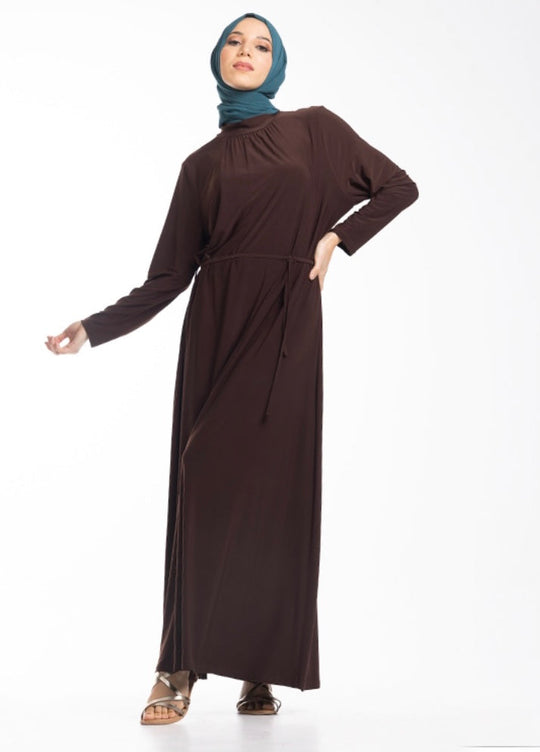 Mock Neck Gathered Jersey Abaya ZD- Brown