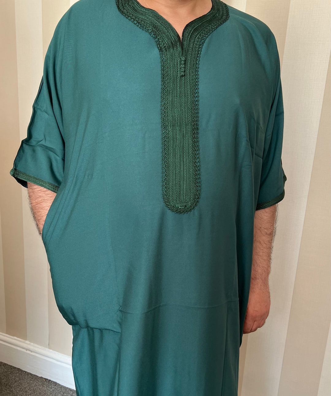 Moroccan Half Sleeve cotton Thobe/ Jubbah - Green with Gold