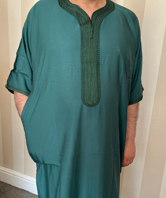 Moroccan Half Sleeve cotton Thobe/ Jubbah - Green with Gold