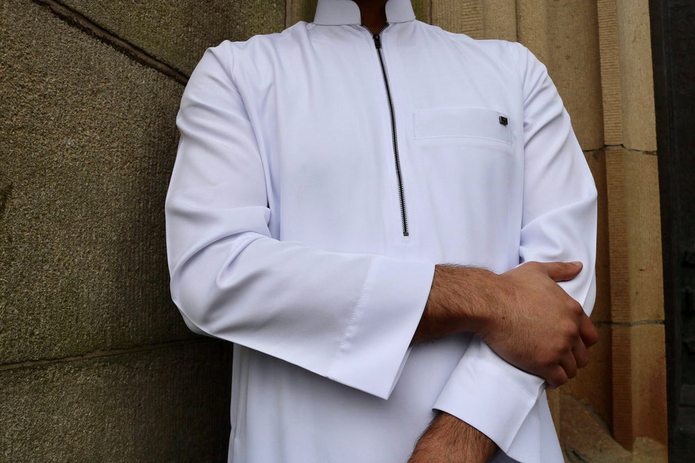 Men’s Collar Thicker Thobe/ Jubba with zip  - White