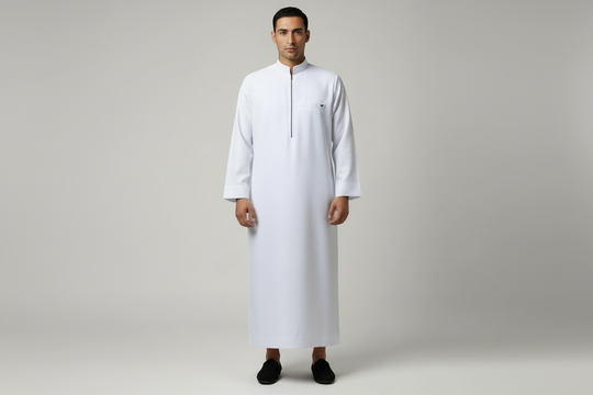 Men’s Collar Thicker Thobe/ Jubba with zip  - White