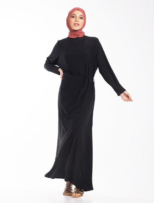 Mock Neck Gathered Jersey Abaya ZD- BLACK