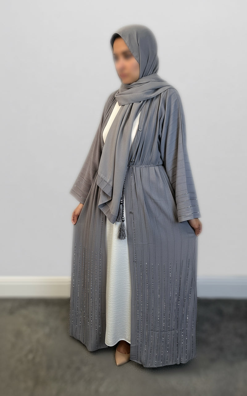 Diamanté Crinkle Abaya- Grey 9