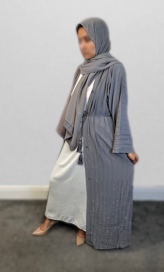 Diamanté Crinkle Abaya-TK-Grey 9