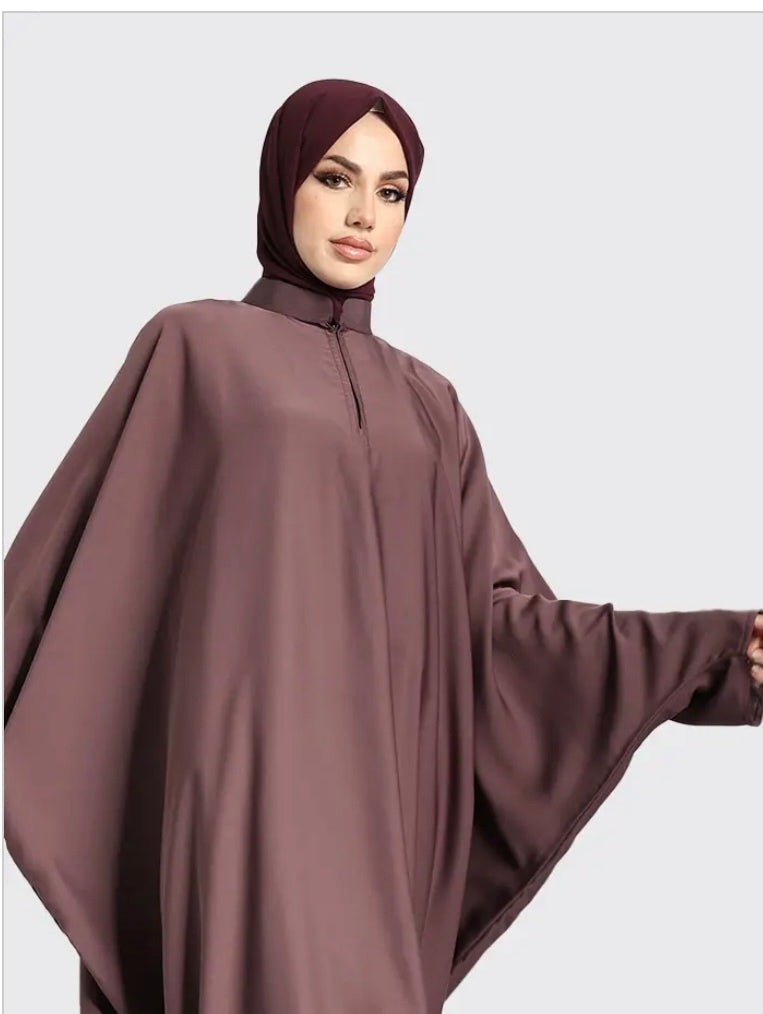 Batwing Nida Abaya with collar & zip - dusky mauve