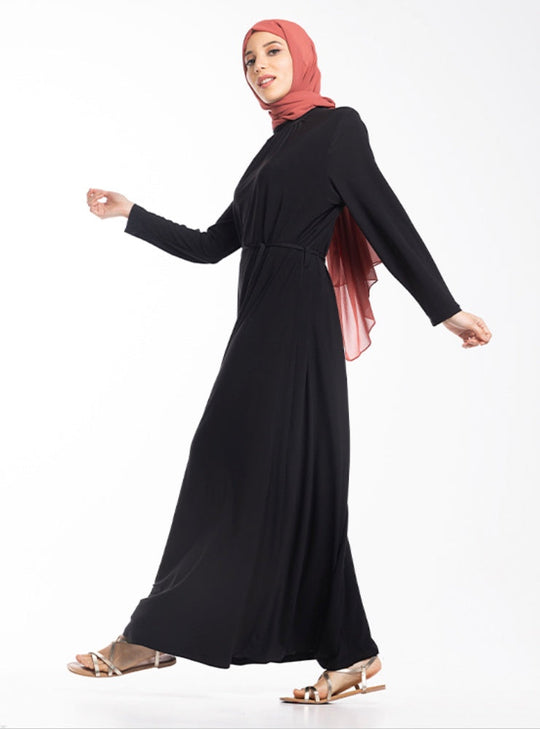 Mock Neck Gathered Jersey Abaya ZD- BLACK