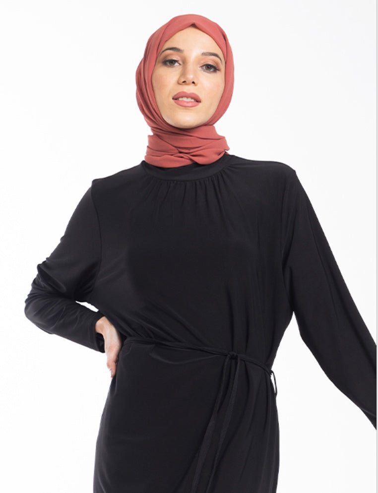 Mock Neck Gathered Jersey Abaya ZD- BLACK