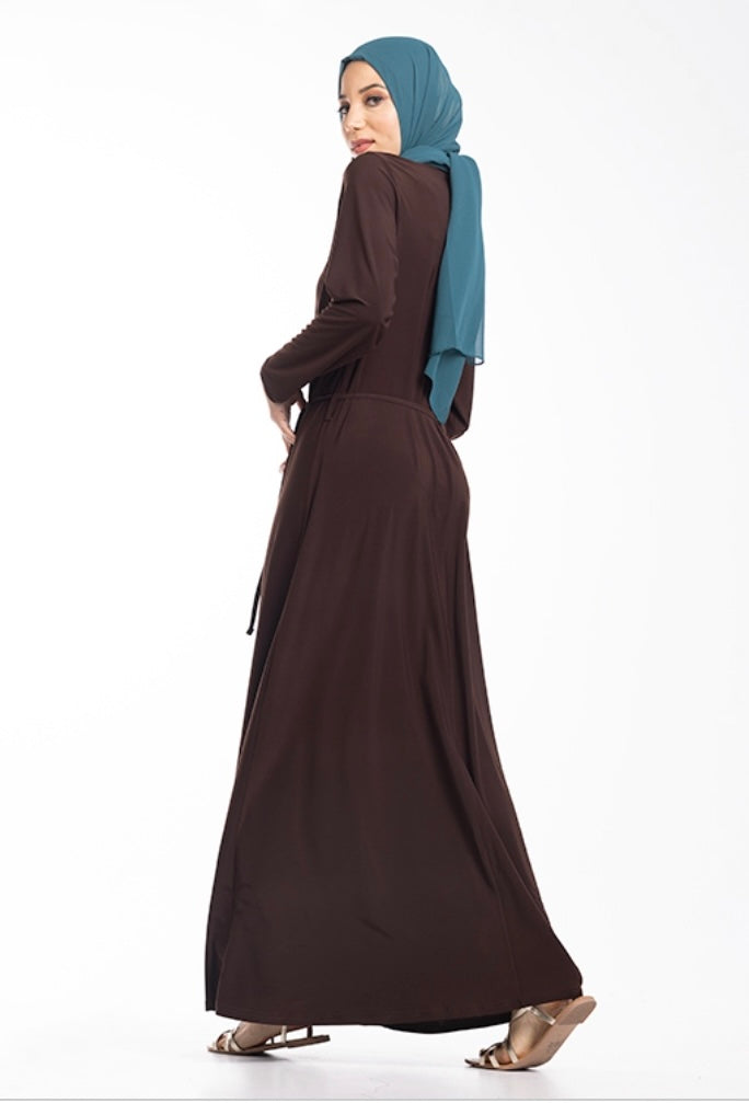 Mock Neck Gathered Jersey Abaya ZD- Brown