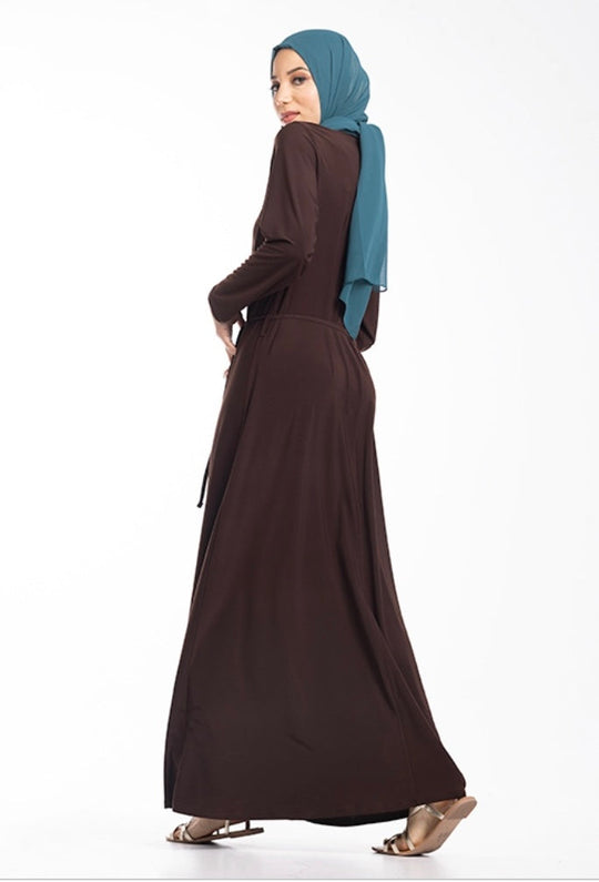 Mock Neck Gathered Jersey Abaya ZD- Brown