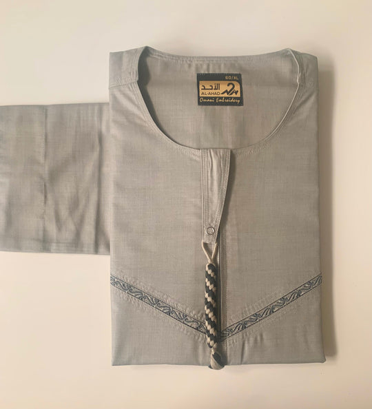 Omani Embroidered Zip Thobe - Stone Matte Ahad