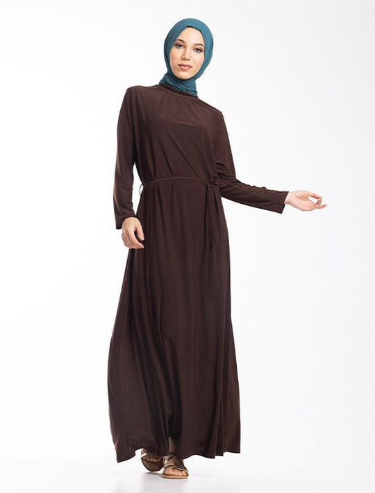 Mock Neck Gathered Jersey Abaya ZD- Brown