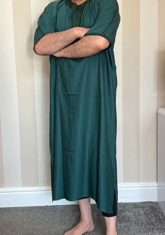 Moroccan Half Sleeve cotton Thobe/ Jubbah - Green with Gold