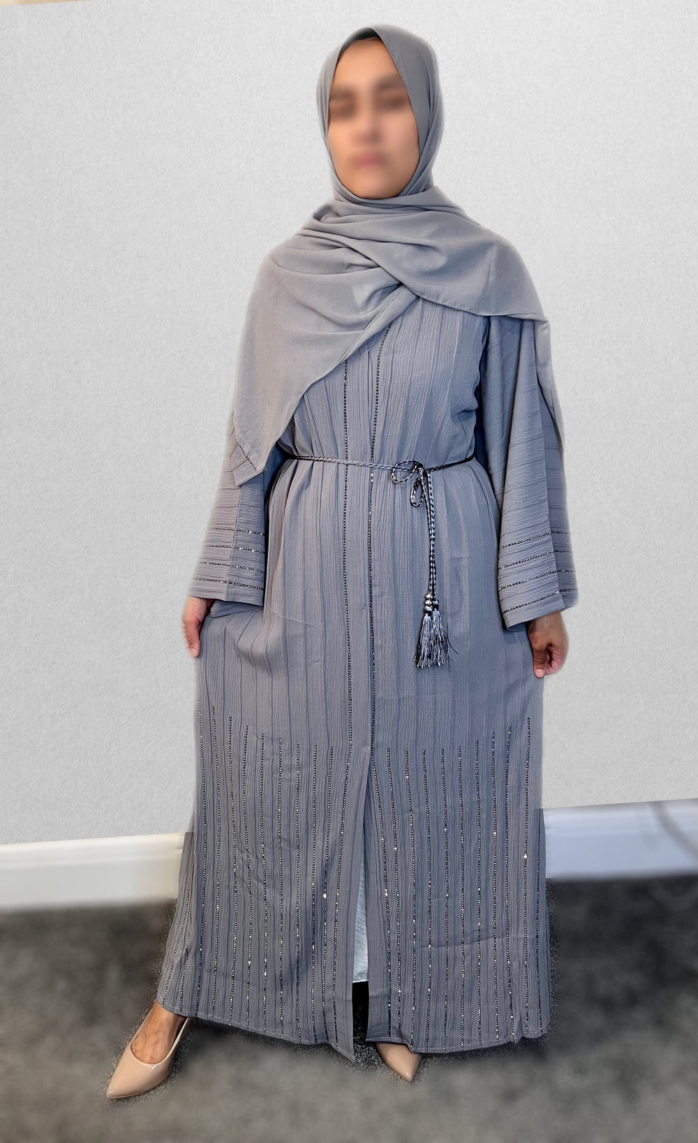 Diamanté Crinkle Abaya-TK-Grey 9