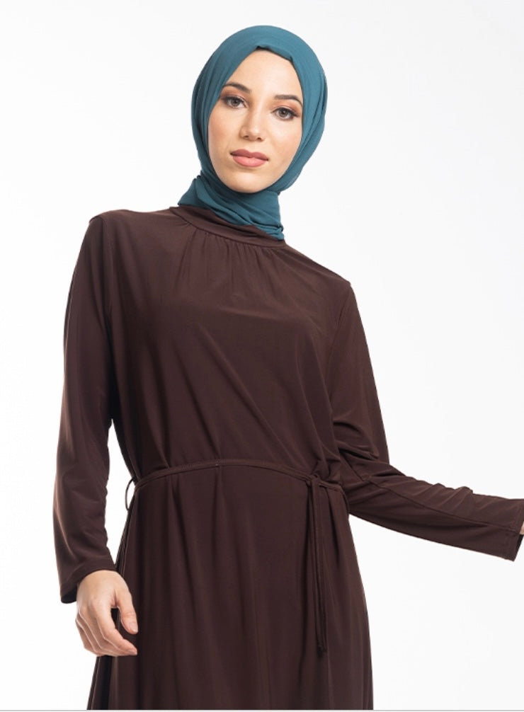 Mock Neck Gathered Jersey Abaya ZD- Brown