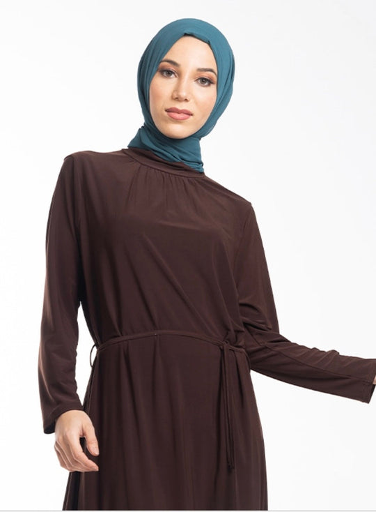 Mock Neck Gathered Jersey Abaya ZD- Brown