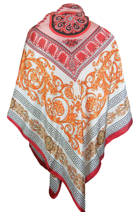 Large Silk Square Vintage Print Scarf/ Hijab- Flame mix -15